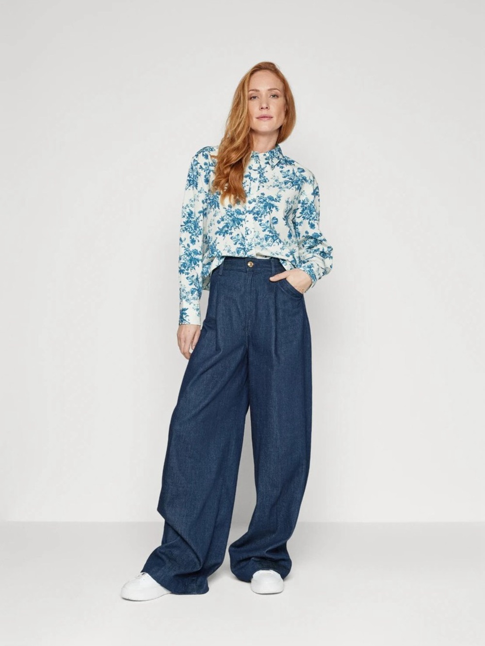 LoveShackFancy White and Blue Floral High-Neck Blouse